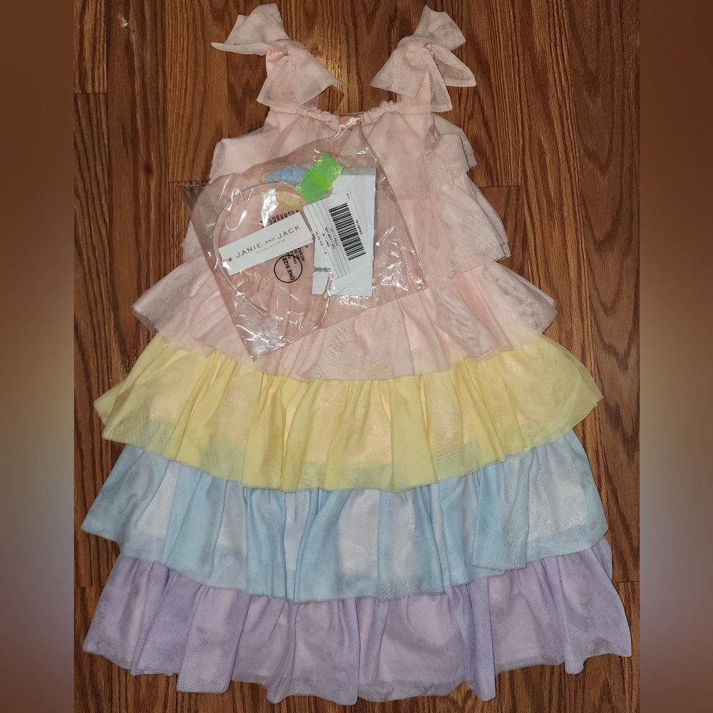 EUC Janie & Jack Juno Valentine Pastel Rainbow Tulle Dress & Matching Headband